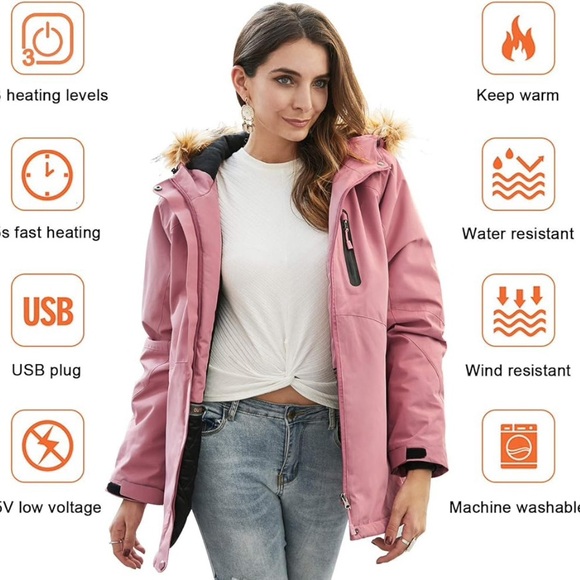 Pink Heated Jacket with Fur Hood - Picture 4 of 13